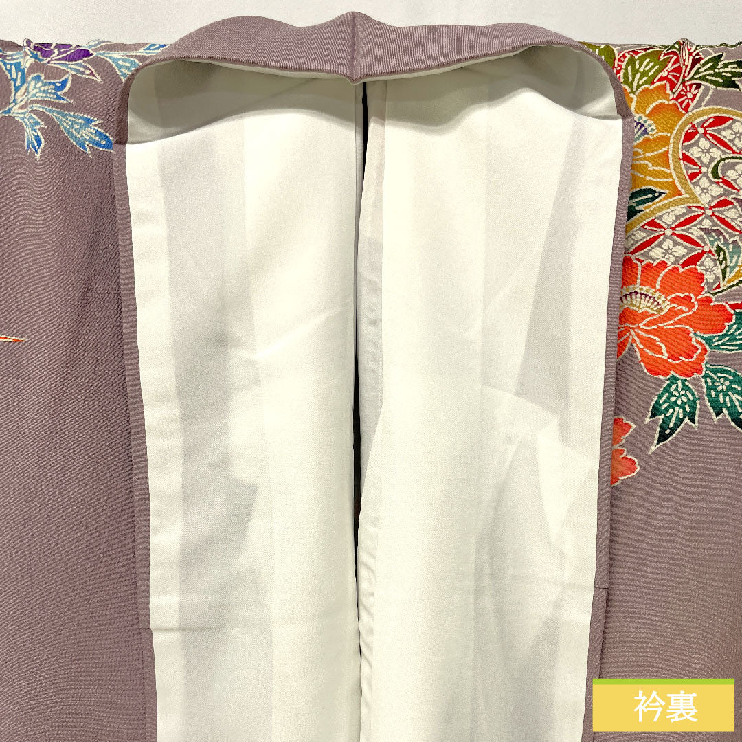Homongi, pure silk, lined, length 164cm, sleeve length 63cm, grape color (shrimp color), Kyoto Bingata, floral pattern, A rank, purple, 1112005263420