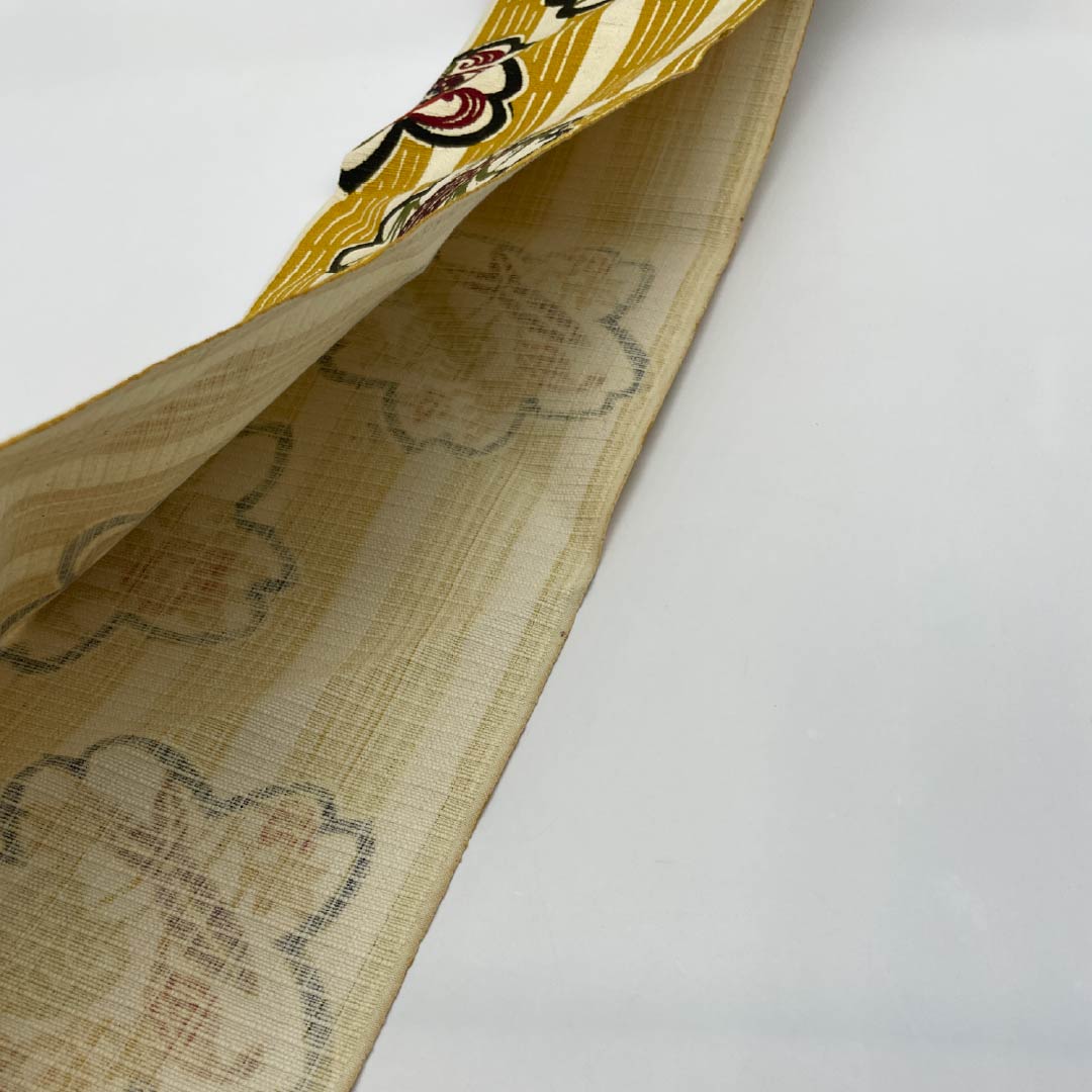 Nagoya Obi, Pure Silk, Grade A, Dark Egg-Colored, Stencil-Dyed, Tsumugi Fabric, Cherry Blossom Design, Length 365cm, Six-Ply, Casual, Yellow, Product Number 1124009303323, Nagoya Style