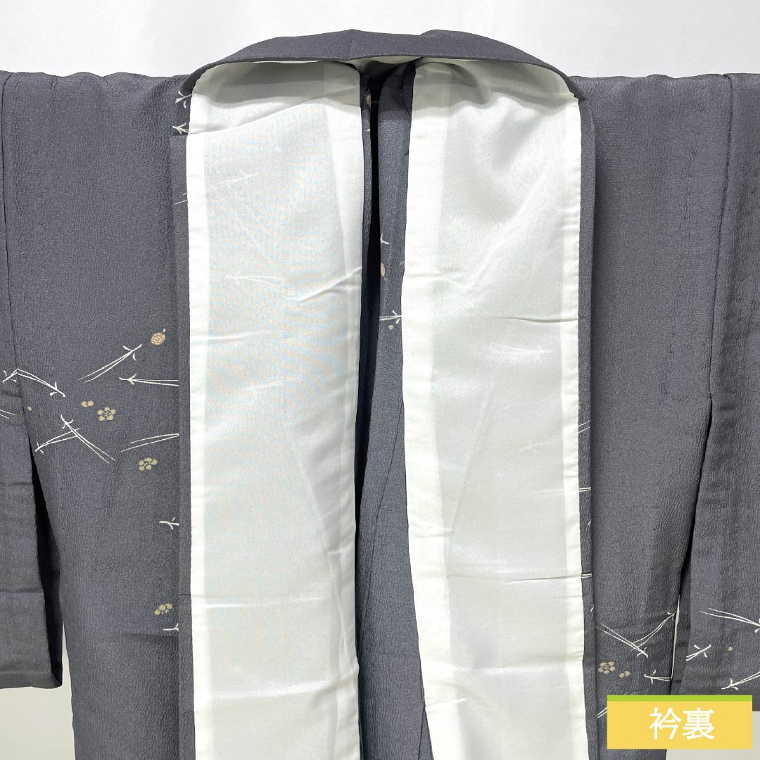 Polyester Komon, S-rank, Length 163cm, Sleeve-to-sleeve 65.5cm, Unlined, Nezumi-shino color (grayish brown), Katazome Pine, Bamboo and Plum, Washable Kimono, Gray tones, 1115007942422