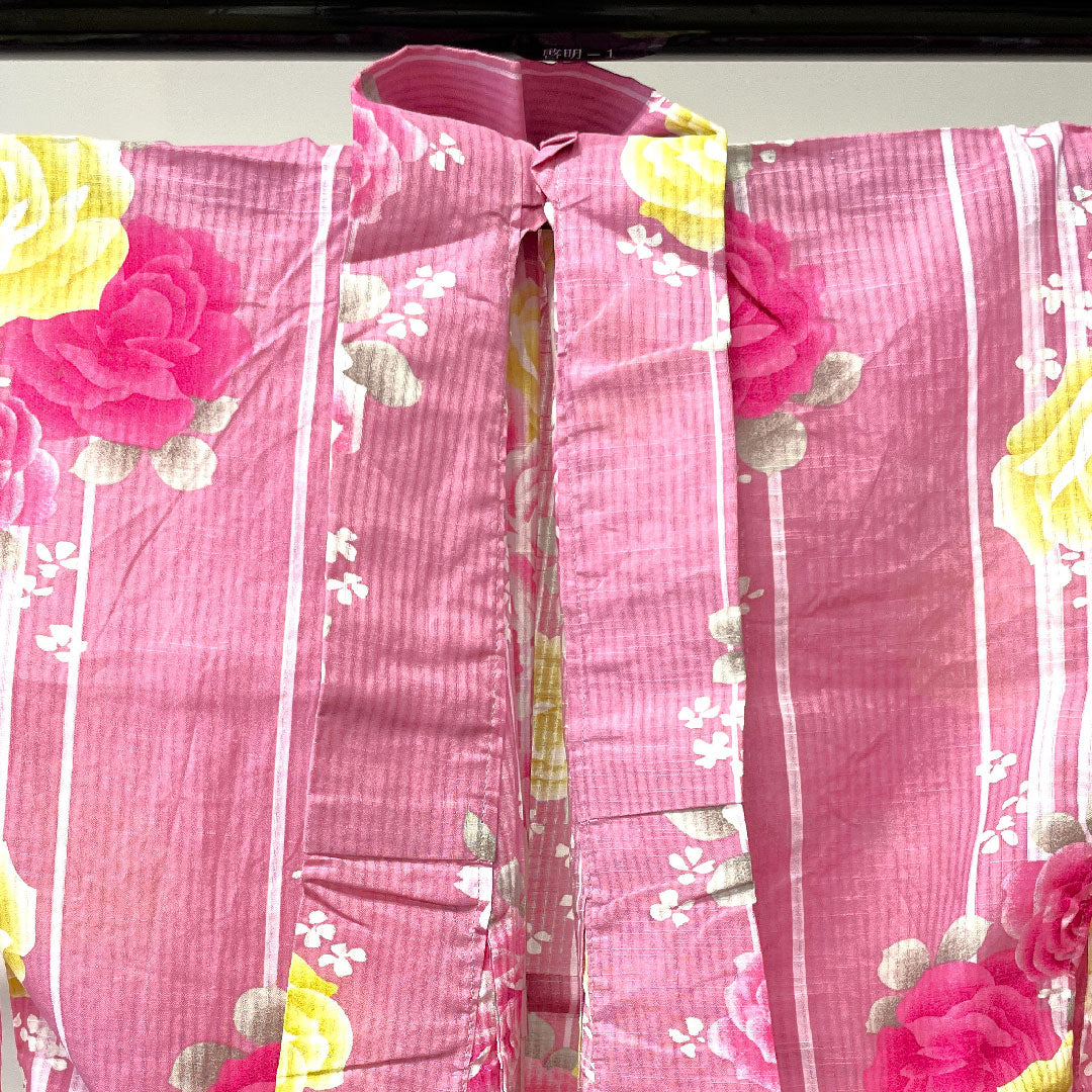 浴衣 撫子色 薔薇 縞 木綿 Aランク 単衣 身丈165.5cm 裄丈66cm ピンク系 1118002233513