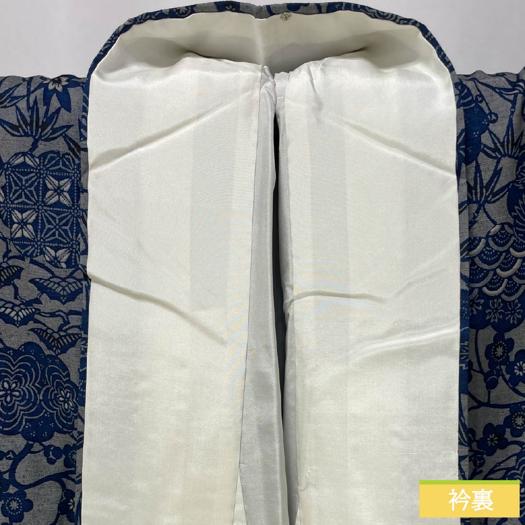 小紋 正絹 Sランク 身丈166cm 裄丈67cm 袷 京紅型 藍型 紬地 草花 グレー系 1115007212522