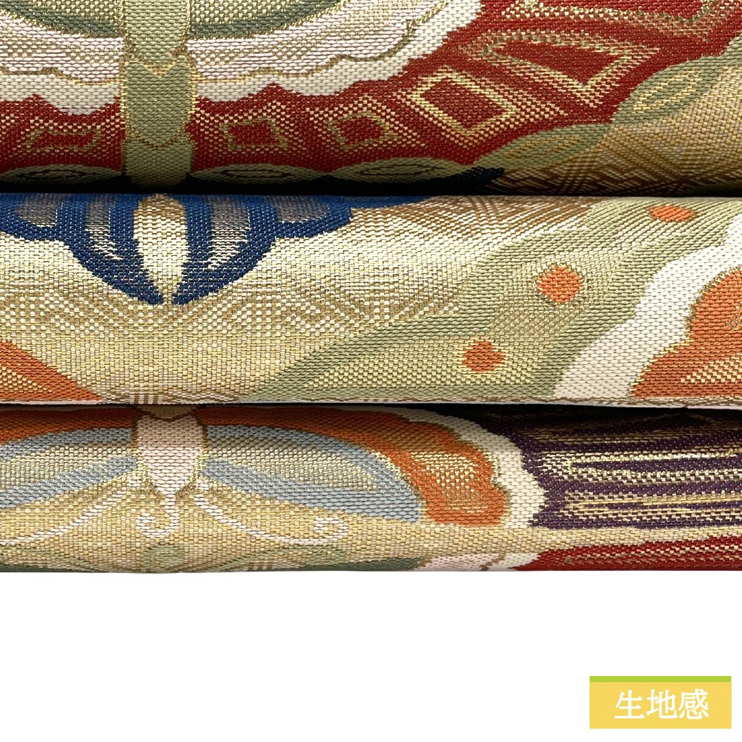 袋帯 正絹 Aランク シャンパンゴールド 西陣織 対い蝶菱 帯丈438cm 全通 フォーマル 金系 1123017703321