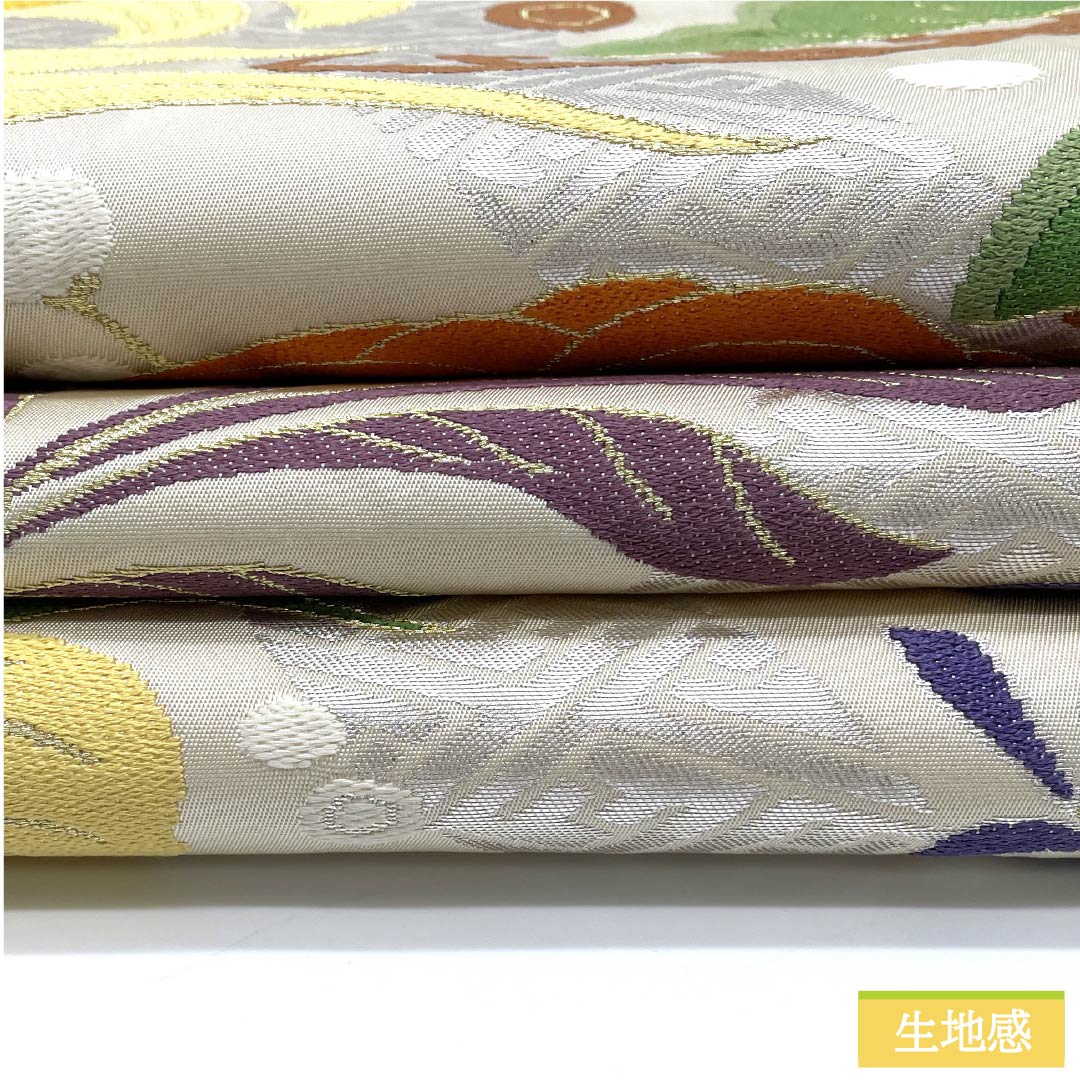 袋帯 正絹 生成り色（きなりいろ） 菊 松 白綾苑大庭 帯丈426cm Aランク 六通 フォーマル クリーム系 1123012073315