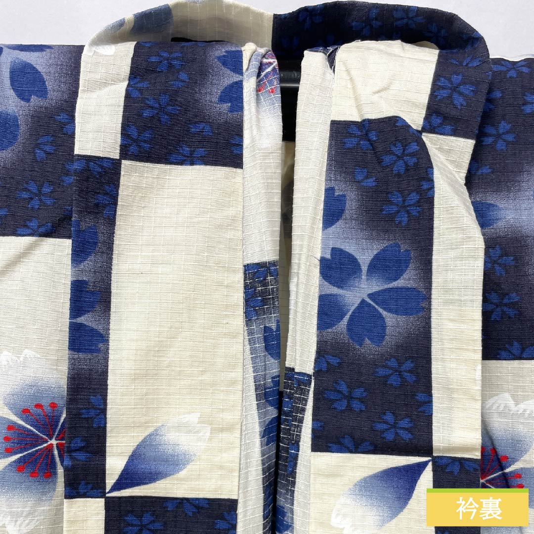 浴衣 木綿 身丈162cm 裄丈69cm Bランク 単衣 グラデーション系 生成り色（きなりいろ） 濃紺色（のうこんいろ） 市松模様 桜 1118005994499