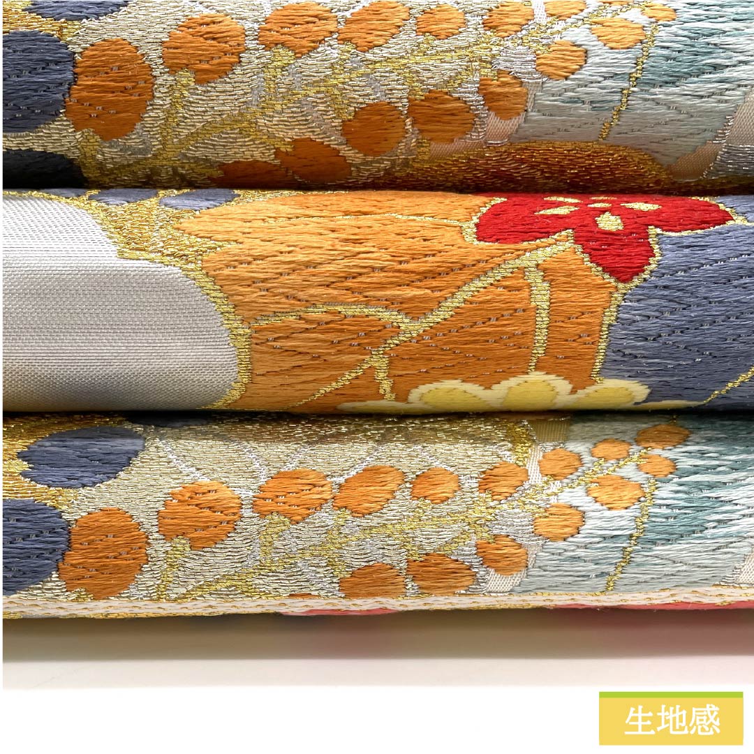 袋帯 正絹 魚肚白色（ぎょとはくいろ） 白綾苑大庭 菊 桔梗 笹 帯丈432cm Aランク 六通 フォーマル グレー系 1123012023322