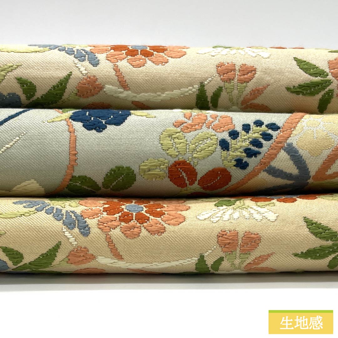 （丸帯）袋帯 正絹 生成り色（きなりいろ） 丸帯 和本 七宝 花模様 帯丈410cm Sランク 全通 フォーマル クリーム系 1123013932315
