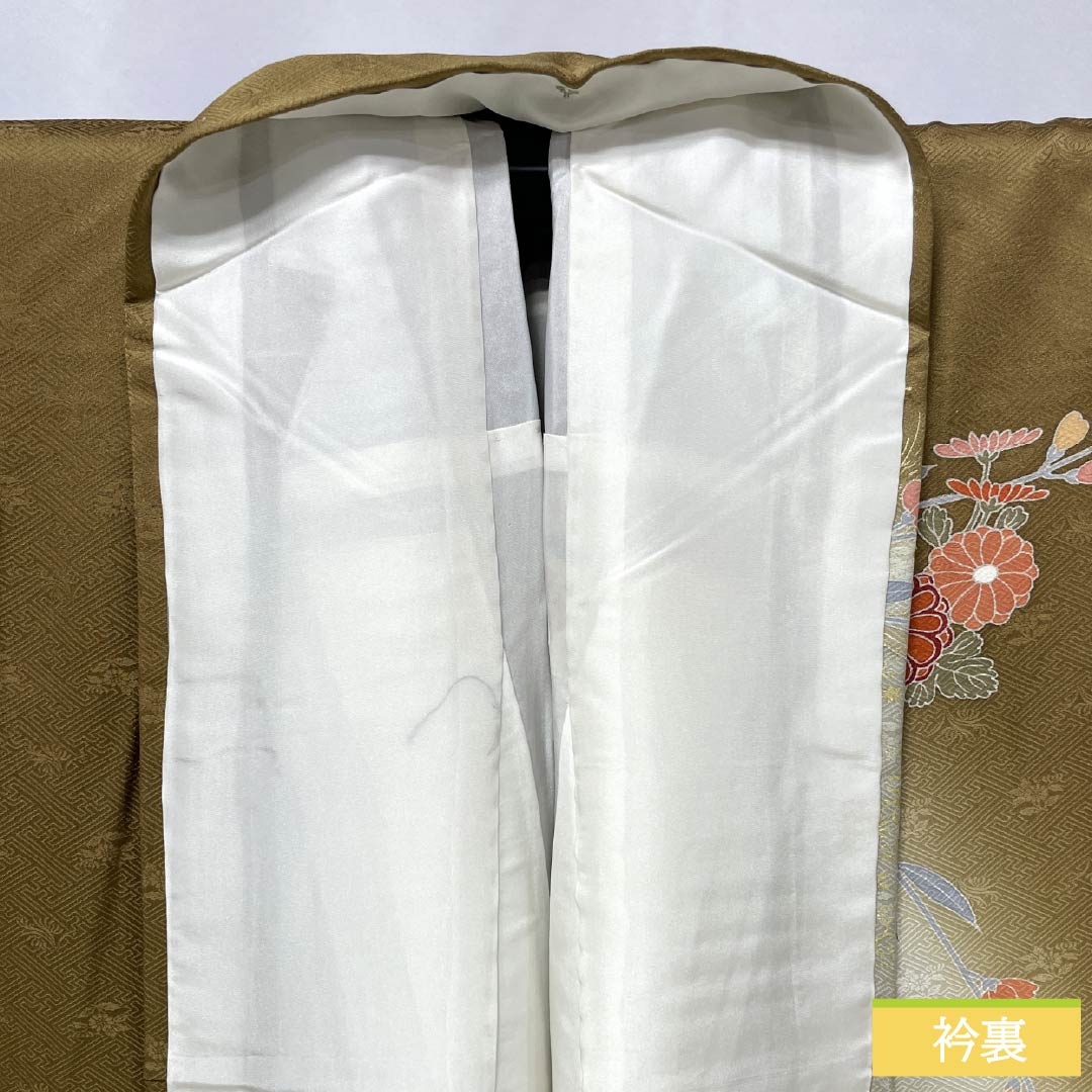 訪問着 正絹 Sランク 袷 身丈169cm 裄丈68cm 糞色（ばばいろ） 京友禅 竹垣 花 橙系 1112006492526