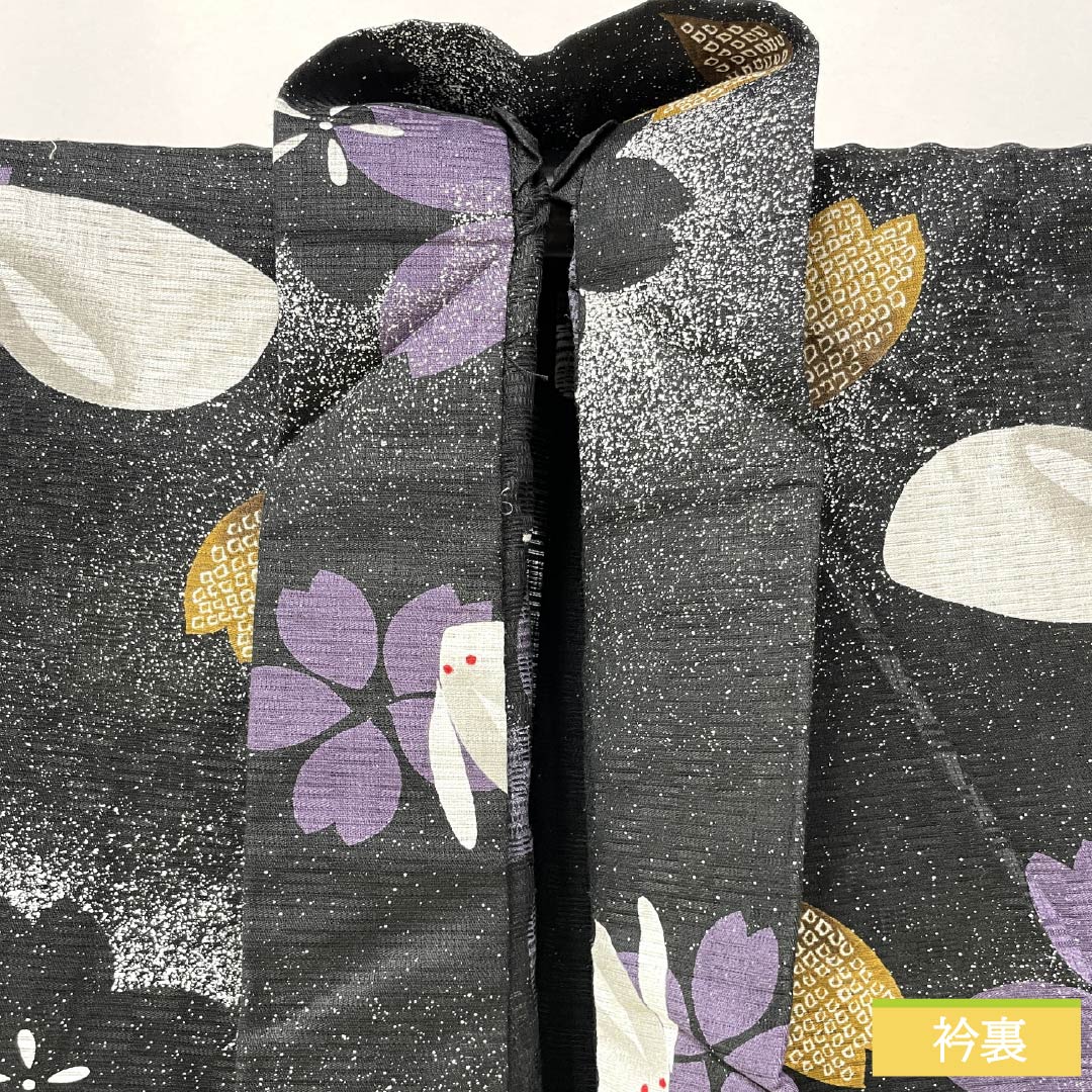 浴衣 木綿 身丈165.5cm 裄丈67.5cm Sランク 単衣 黒系 桜 雪うさぎ 1118006092510