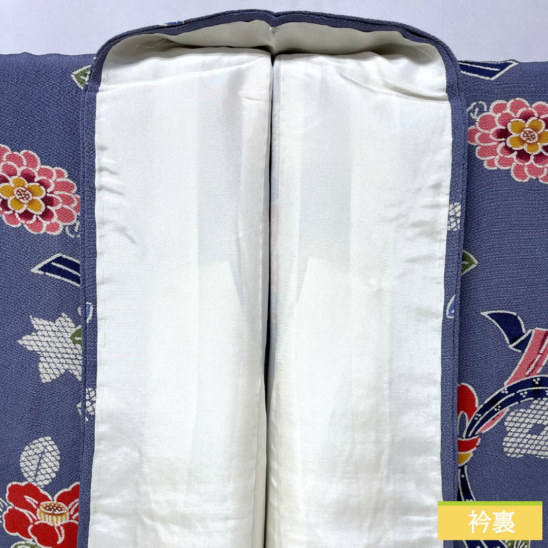 小紋 正絹 身丈152.5cm 裄丈62cm 袷 江戸納戸色（えどなんどいろ） 型染 紅型調 熨斗 椿 Bランク 青系 1115005604217