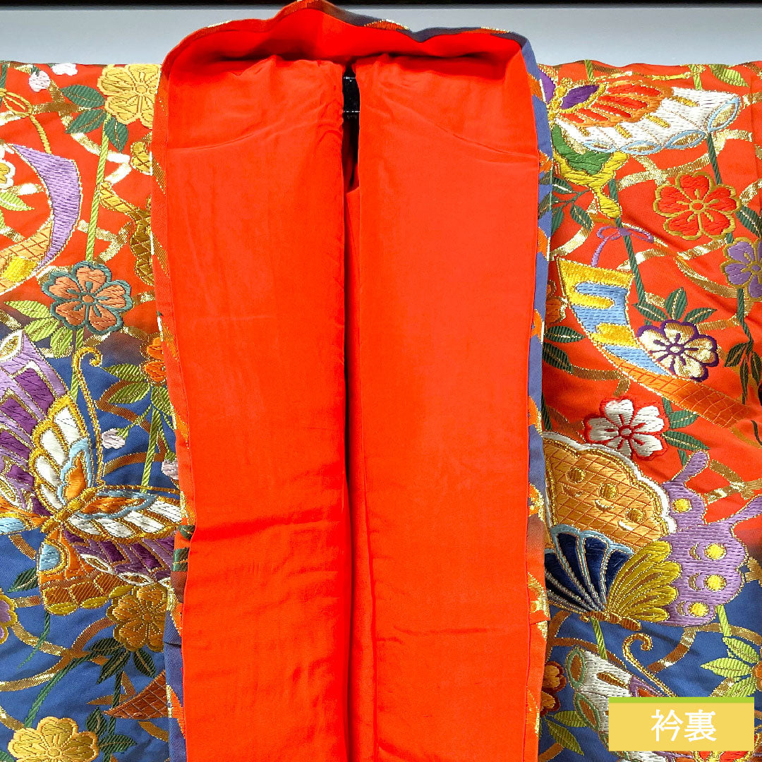 色打掛 正絹 身丈192cm 裄丈66cm 緋色（ひいろ） 唐織 蝶 草花模様 Sランク 袷 朱系 1110000872916