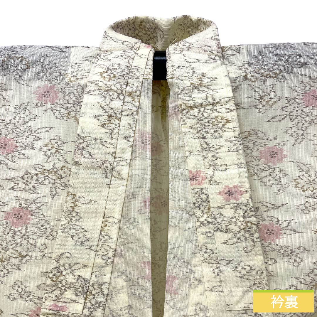 夏物 ポリエステル 紬 Aランク 身丈158.5cm 裄丈63cm 白百合色（しらゆりいろ） 洗える着物 草花模様 紗 黄系 1132007193323