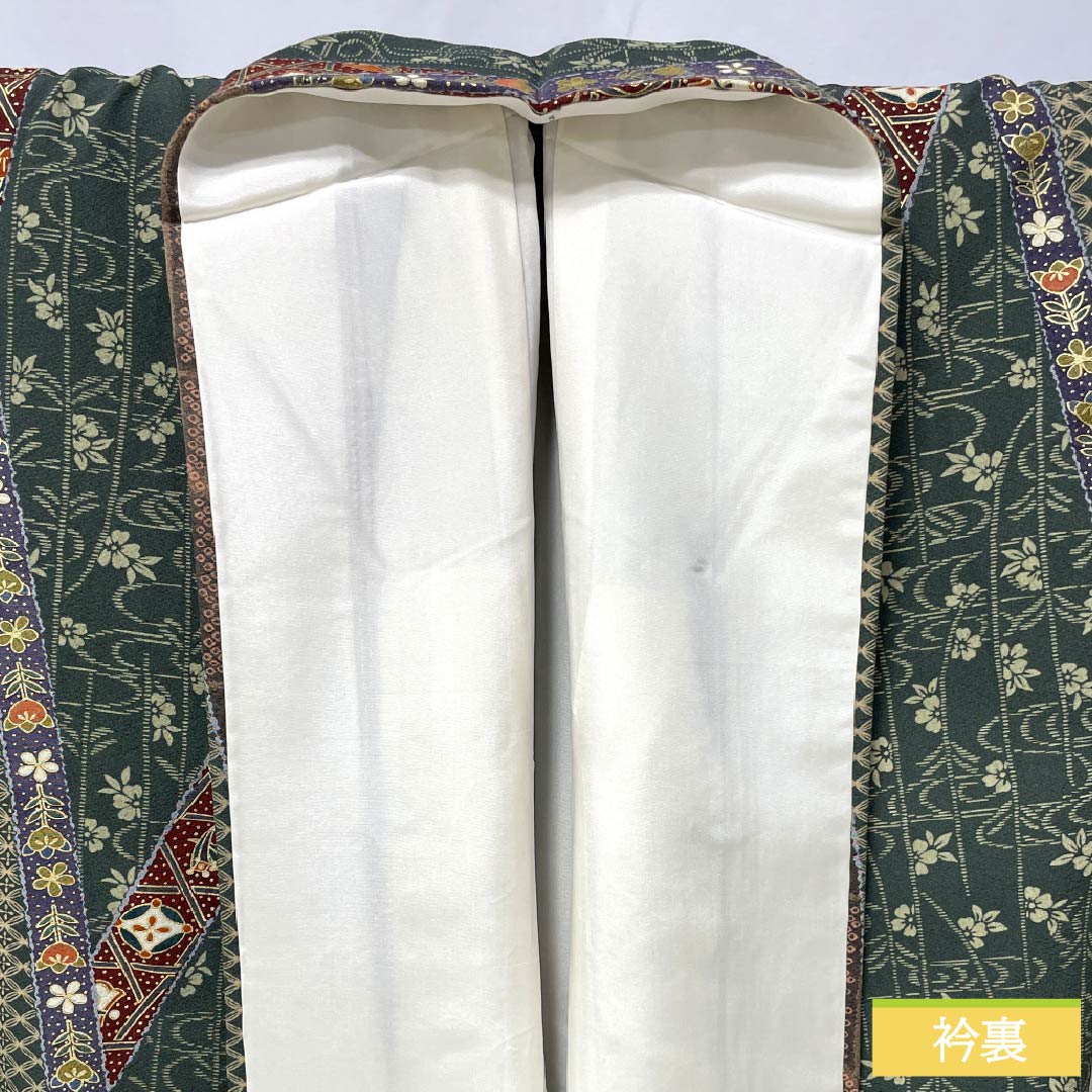 Komon (small pattern) kimono, pure silk, length 162.5cm, sleeve length 66cm, lined, Satsuma Nandou color (Satsuma Nandou color), stencil dyeing, auspicious motif, S rank, green, product number 1115006142419