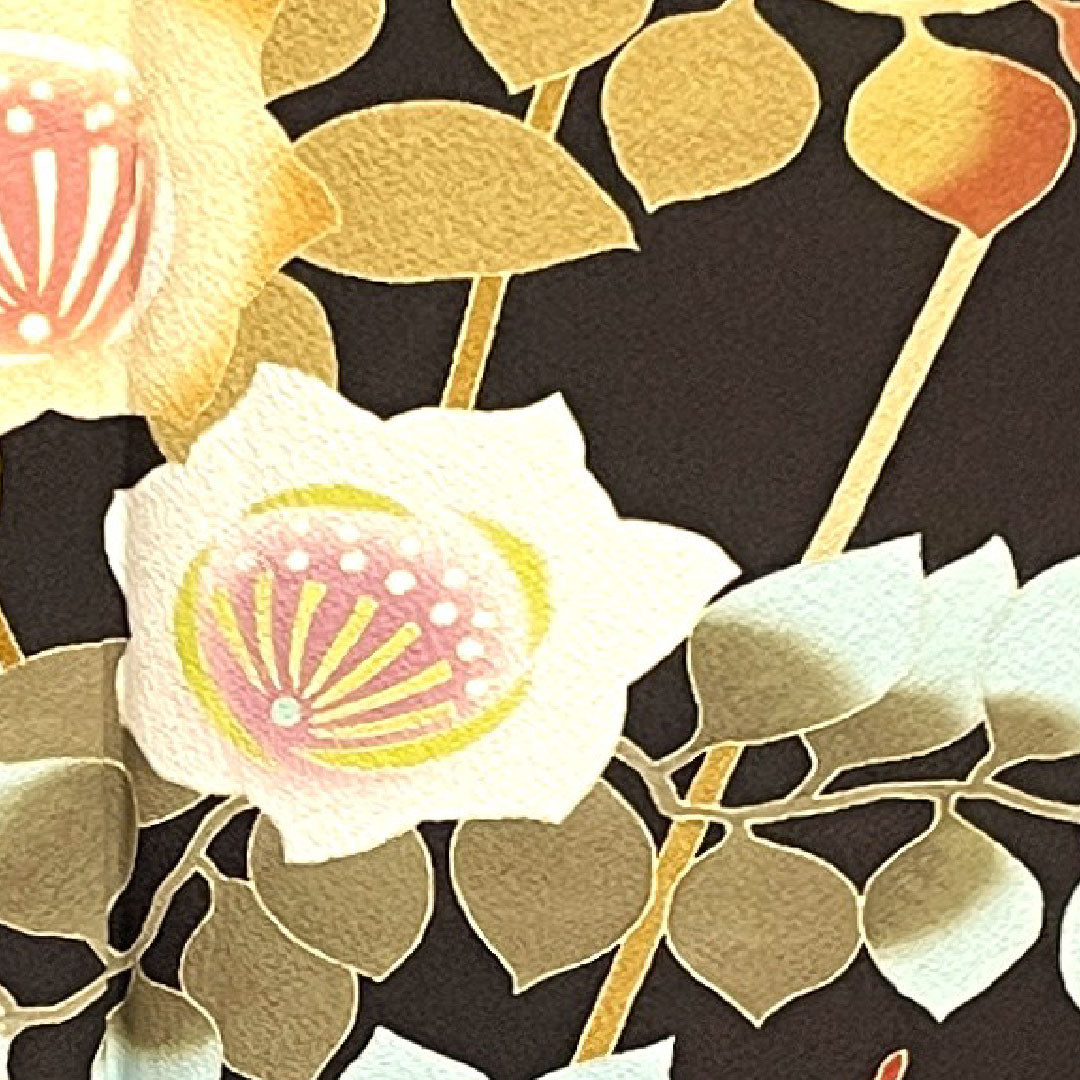 訪問着 袷 身丈161cm 裄丈70cm 黒鼠色 手描き友禅 草花模様 正絹 Sランク 黒系 1112001762410