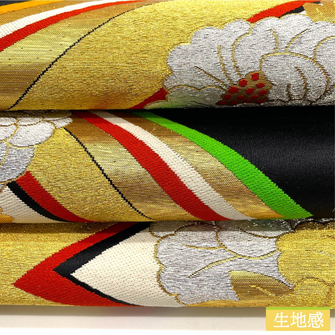 袋帯 黒色 牡丹 菊 菱 帯丈408cm 正絹 Sランク 六通 フォーマル 黒系 1123010212310