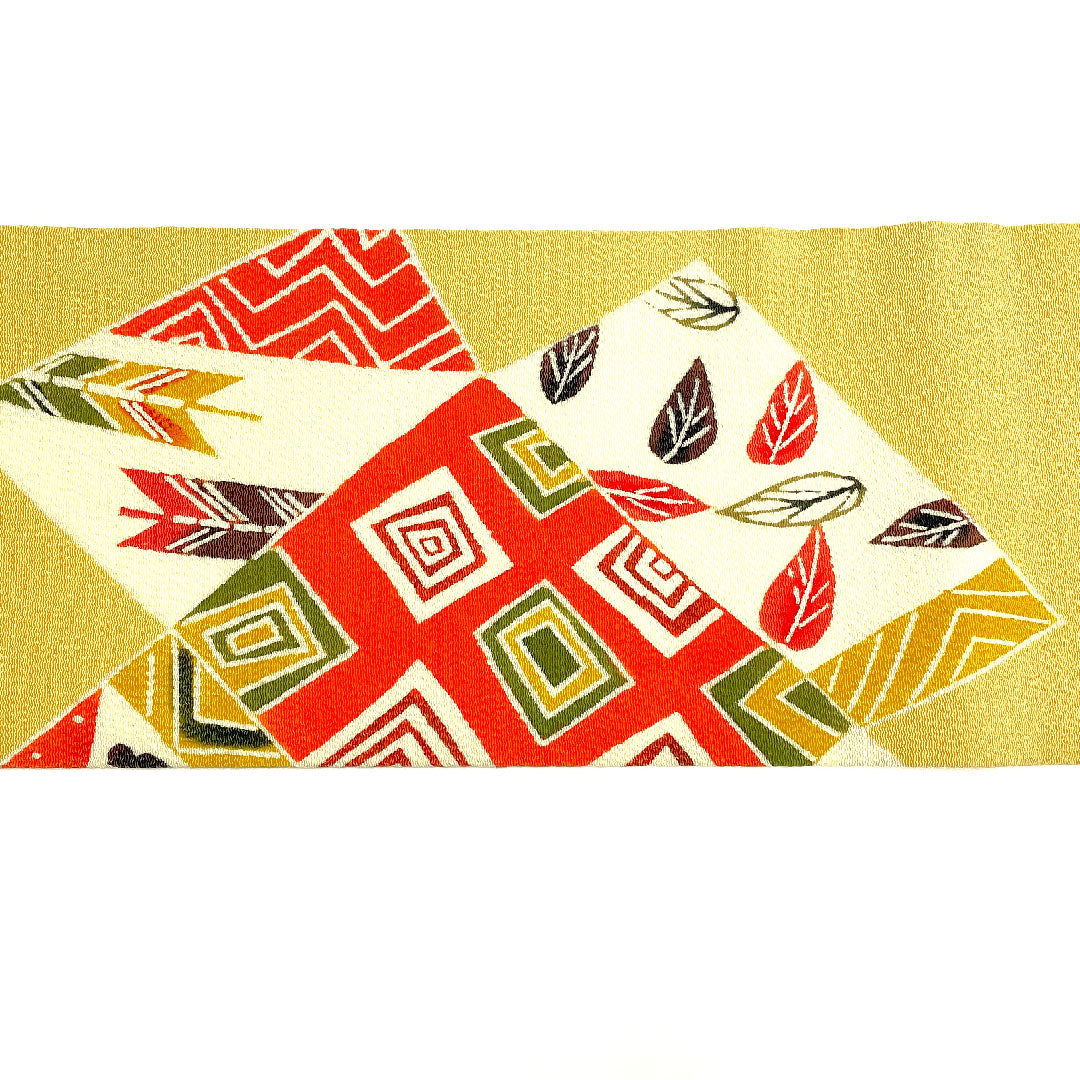 名古屋帯 京紅型 染め帯 縮緬 吉祥文様 帯丈360.5cm 正絹 Aランク ポイント柄 カジュアル 黄系 1124001983323  名古屋仕立て