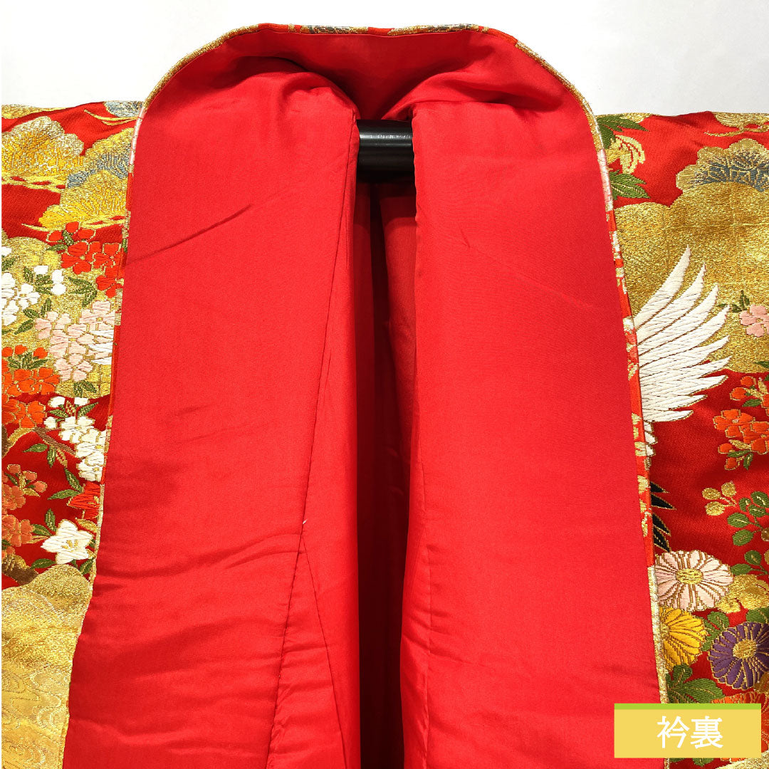 色打掛 正絹 Sランク 身丈186cm 裄丈64.5cm 唐織 鶴 松 梅 流水 袷 赤系 1110000962912