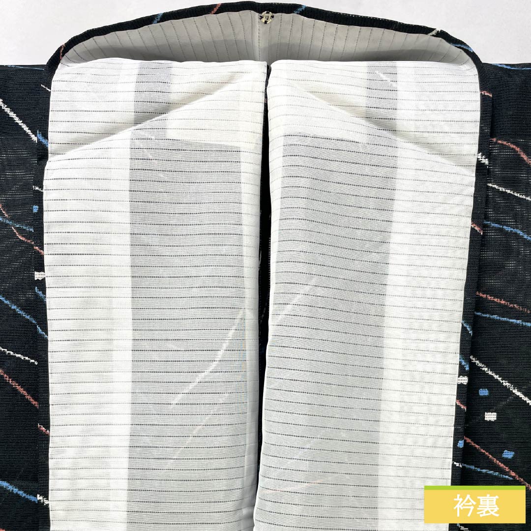 夏物 ポリエステル 小紋 身丈164.5cm 裄丈68cm 幾何学模様 洗える着物 絽 Sランク 黒系 1132002242410