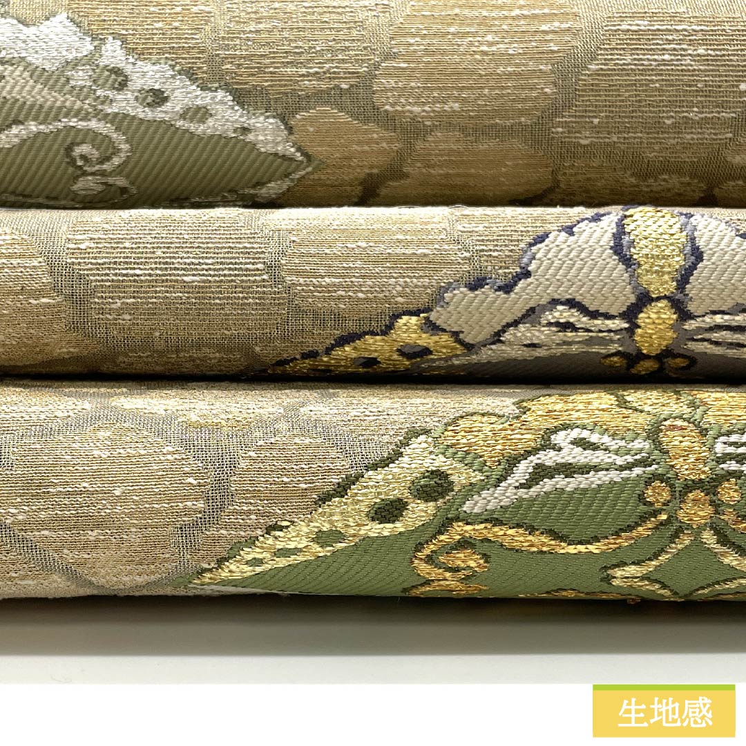 袋帯 正絹 黄鼠色（きねずいろ） 建部蝶 帯丈444cm Sランク 六通 フォーマル グレー系 1123013352322