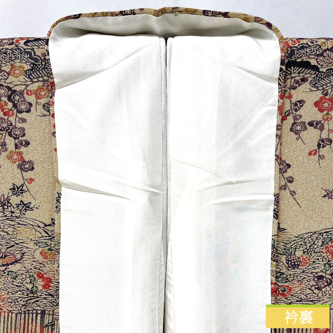 訪問着 正絹 袷 身丈172cm 裄丈64.5cm 松染色（まつぞめいろ） 京紅型 吉祥文様 シルファイン加工 ちりめん地 Sランク ベージュ系 1112005982625