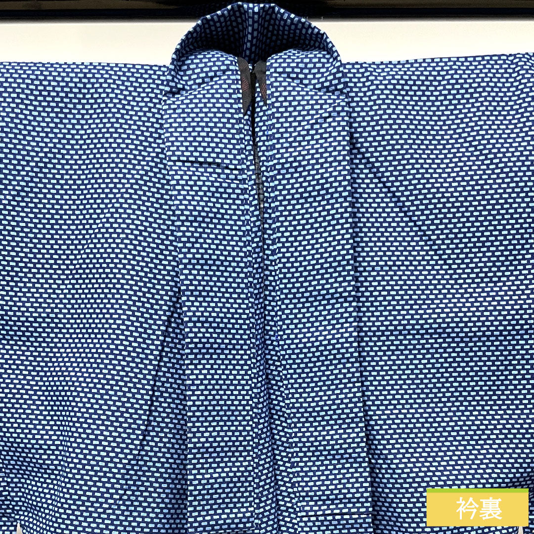 浴衣 木綿 身丈136.5cm 裄丈65.5cm Sランク 単衣 青系 縹色（はなだいろ） 男物 幾何学模様 1118004992317