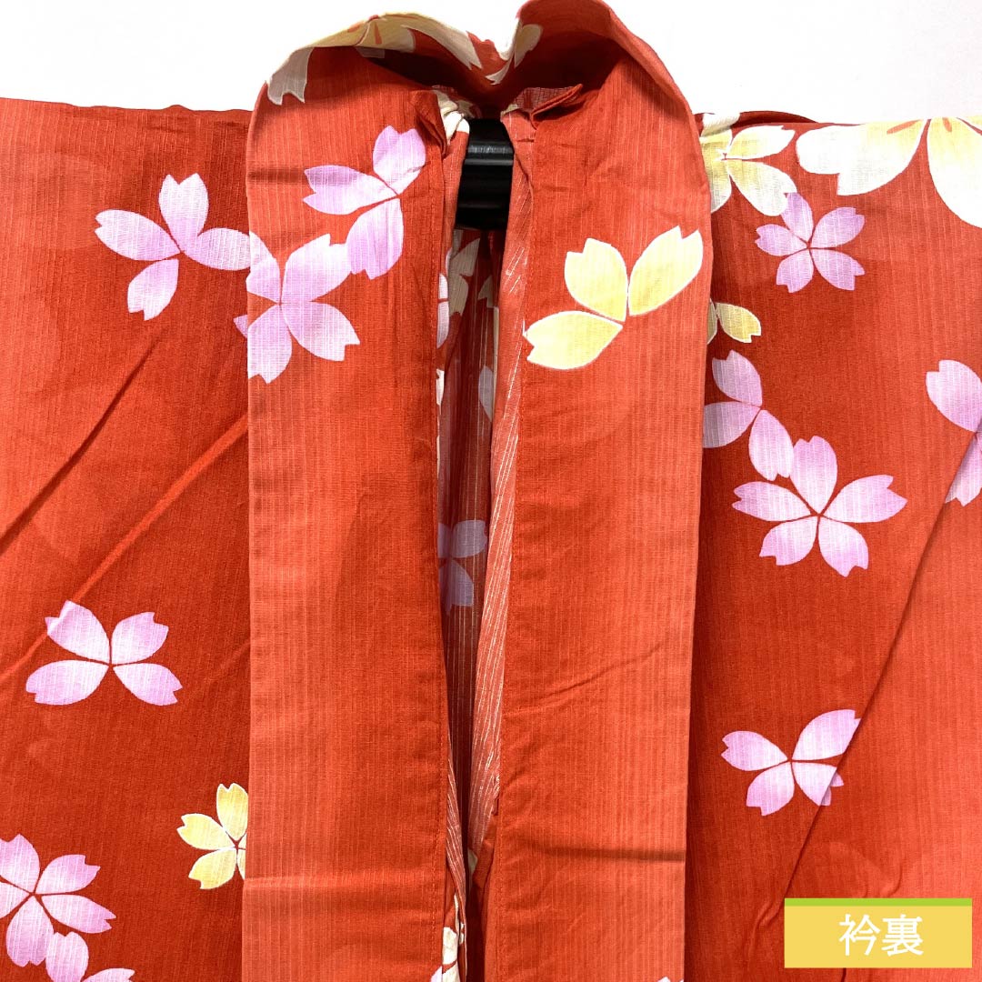 浴衣 木綿 身丈162cm 裄丈67.5cm Sランク 単衣 朱系 辰砂色（しんしゃいろ） 桜 1118006512416