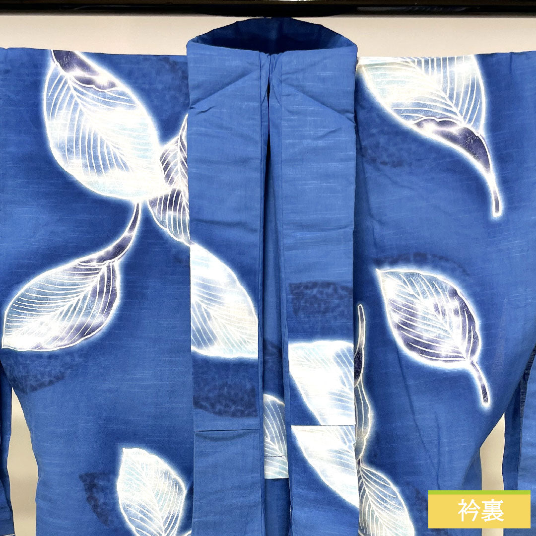 浴衣 木綿 身丈167cm 裄丈66cm Sランク 単衣 青系 縹色（はなだいろ） 葉っぱ模様 1118005202517
