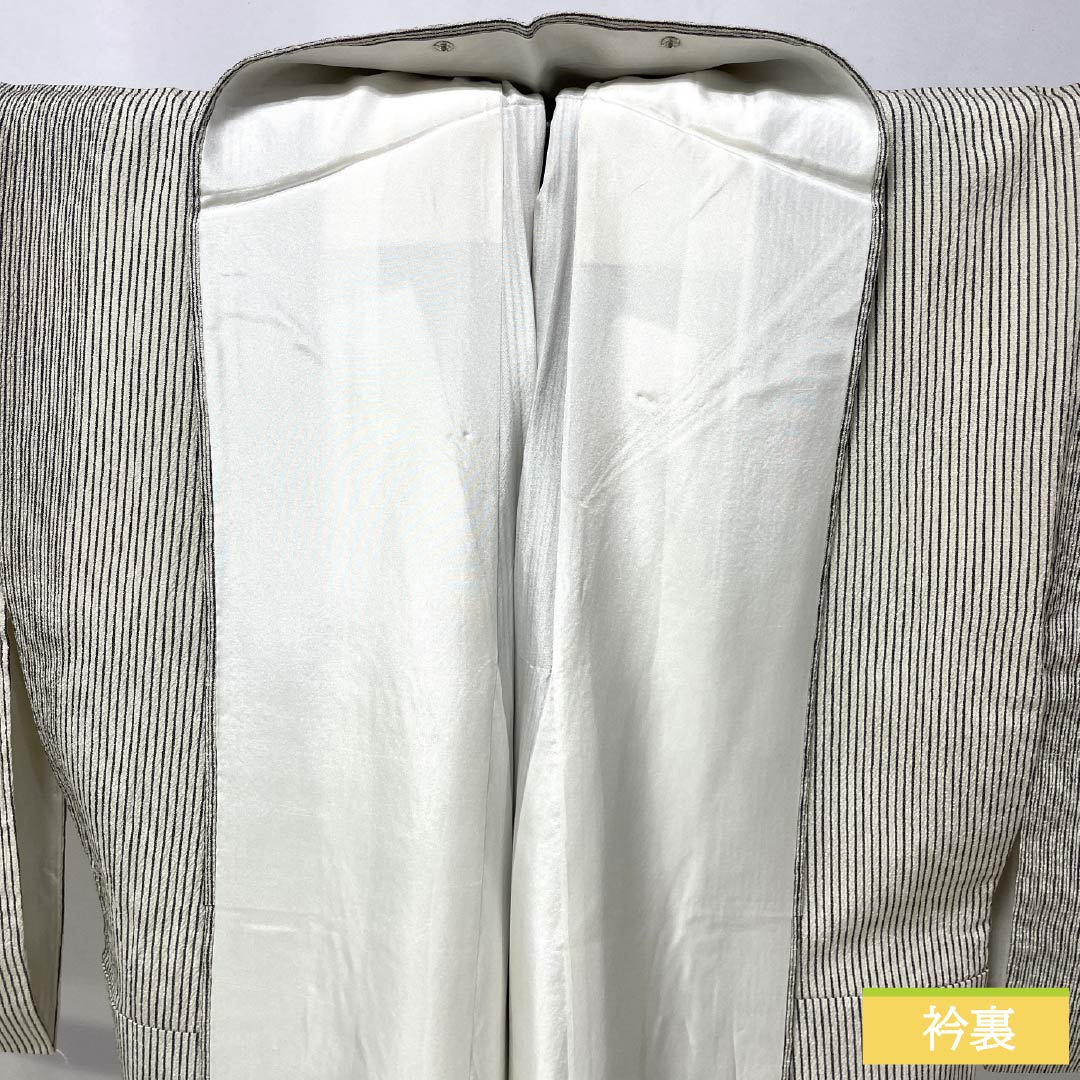 紬 正絹 Aランク 身丈154cm 裄丈62cm 乳白色（にゅうはくしょく） 塩沢紬 縞 袷 白系 1116004573211