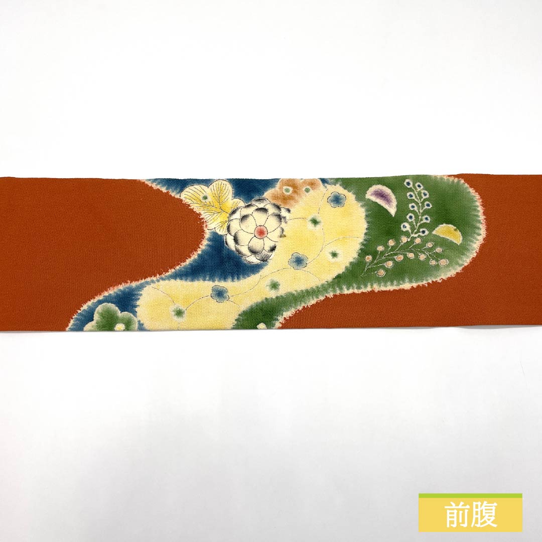 名古屋帯 赭色（そおいろ） ちりめん地 辻ヶ花 帯丈362cm 正絹 Aランク ポイント柄 セミフォーマル 橙系 1124008043326 名古屋仕立て