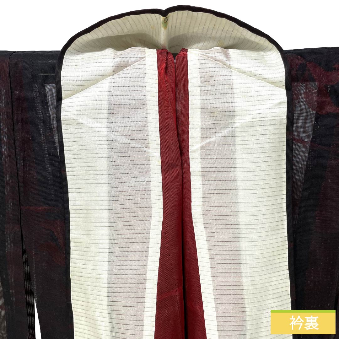 夏物 正絹 お召 Bランク 身丈155.5cm 裄丈62.5cm 暗紅色（あんこうしょく） 露芝 草花模様 紗 赤系 1132004264312