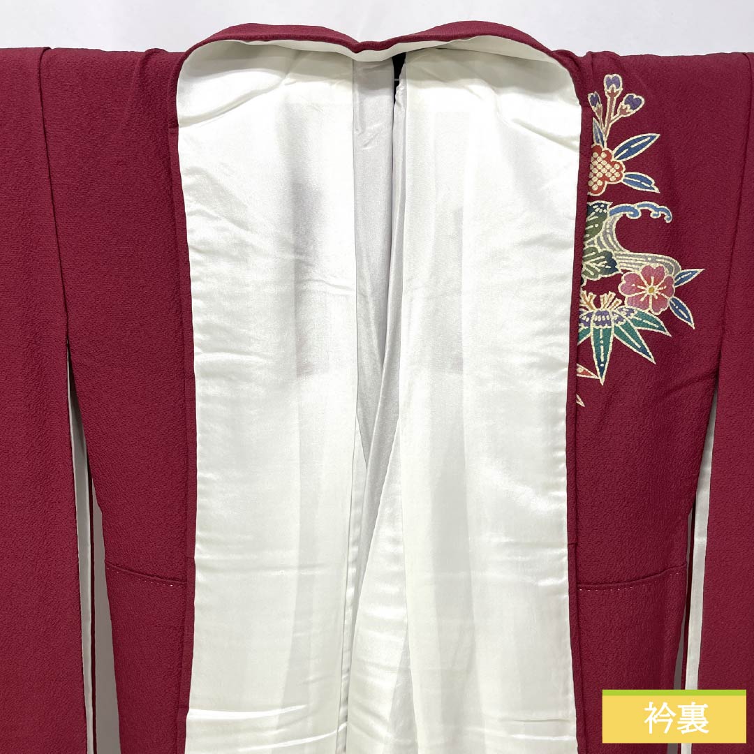 振袖 正絹 Sランク 身丈164cm 裄丈67cm 袷 臙脂色（えんじいろ） 京紅型 吉祥文様 ちりめん地 パールトーン加工 赤系 1113002492412