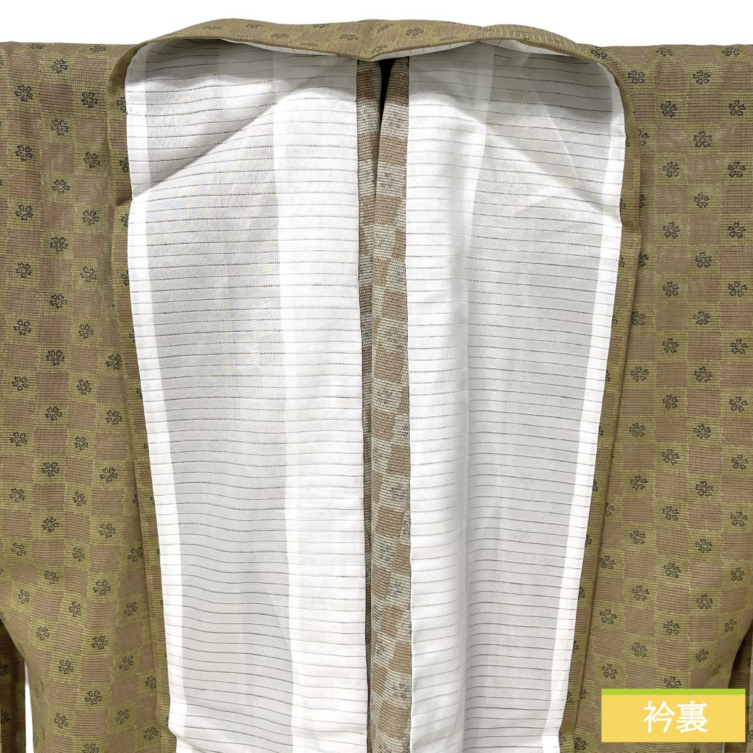夏物 ポリエステル 小紋 Sランク 身丈163cm 裄丈63.5cm 翁茶色（おきなちゃいろ） 枯野色（かれのいろ） 市松 桜 絽 茶系 1132005122414