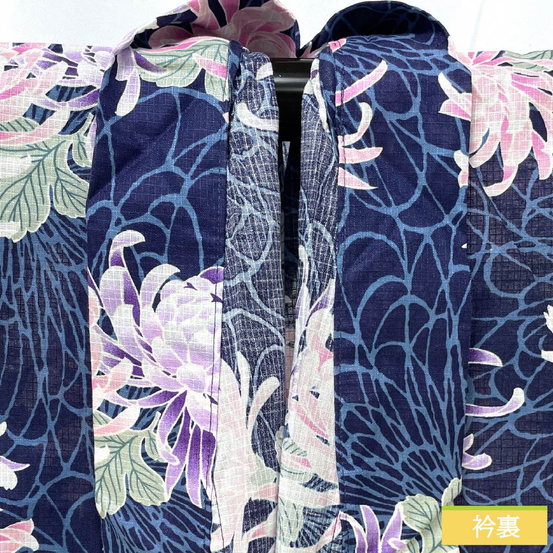 Cotton Yukata, Length 164.5cm, Sleeve Length 63cm, Rank A, Single Layer, Navy Blue, Chrysanthemum Design, Item Number 1118006673418
