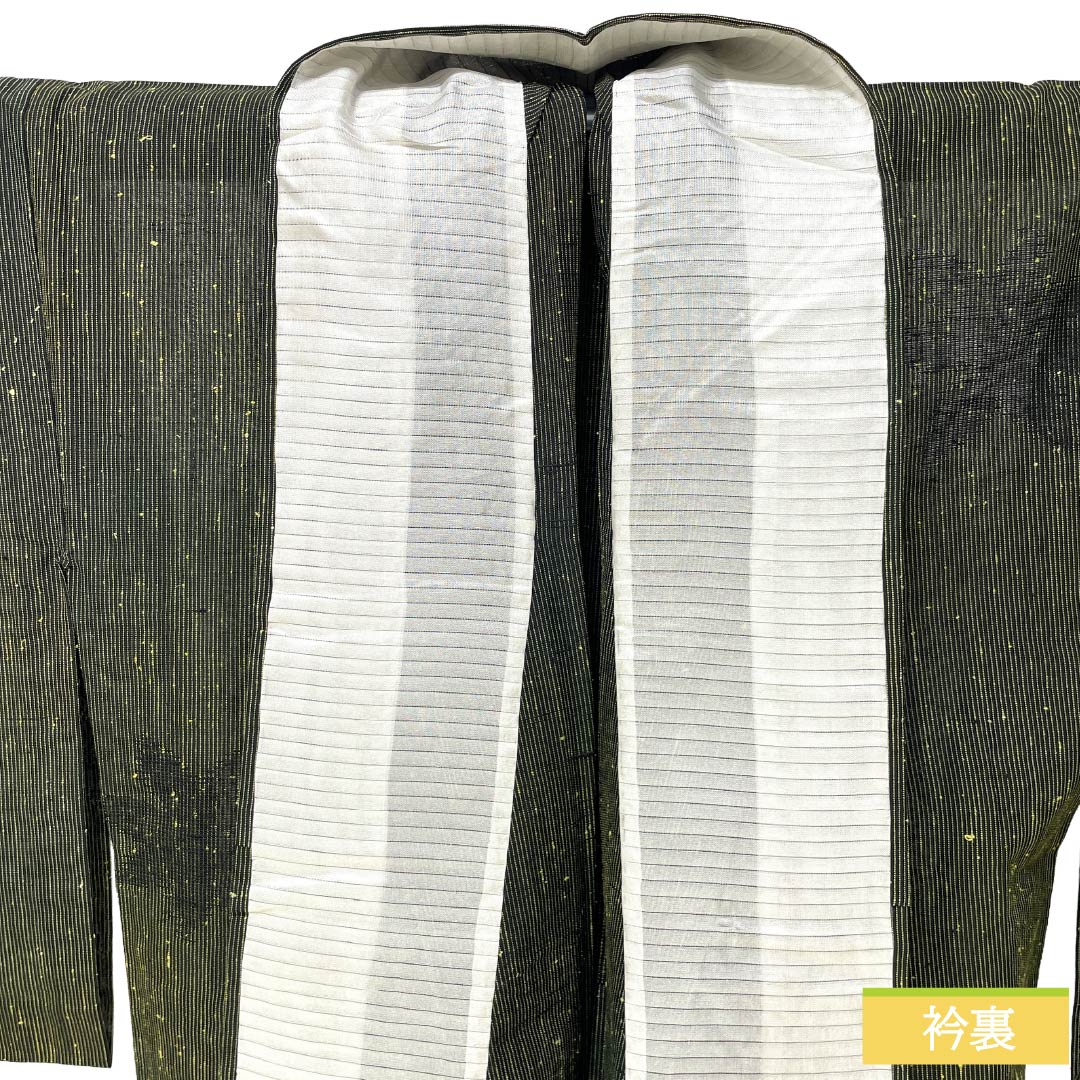 夏物 正絹 紬 Sランク 身丈158.5cm 裄丈64cm 藍海松茶色（あいみるちゃいろ） 紅葉 縞 紗 緑系 1132006382319