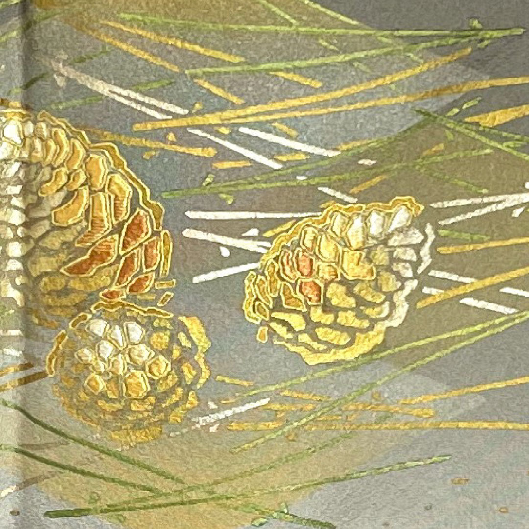 Colored Tomesode, Length 162cm, Sleeve Length 65cm, Awase, Burnt Charcoal Color, Living National Treasure, Fukuda Yoshishige, Pine Pattern, Gosan Paulownia, Pure Silk, S Rank, Three Crests, Black, 1111000442410