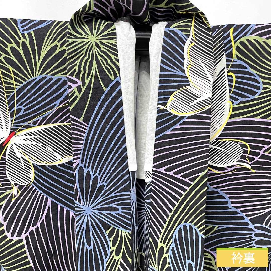 Cotton Yukata, Length 160.5cm, Sleeve Length 63.5cm, S Rank, Single Layer, Black, Butterfly Pattern, 1118006342410