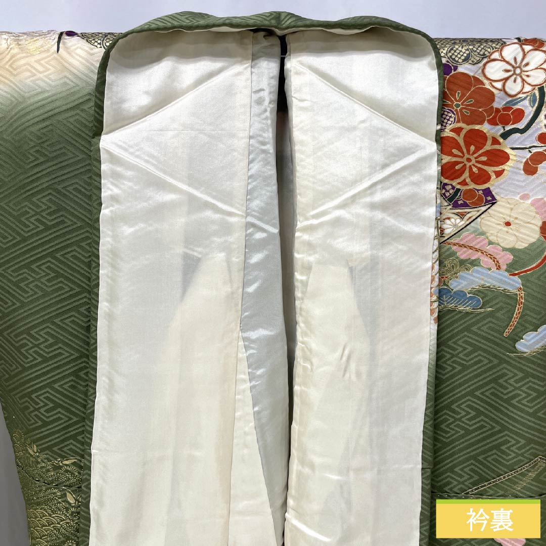 振袖 正絹 Aランク 身丈170.5cm 裄丈68.5cm 袷 山鳩色（やまばといろ） 京友禅 吉祥文様 梅 松 緑系 1113002173619