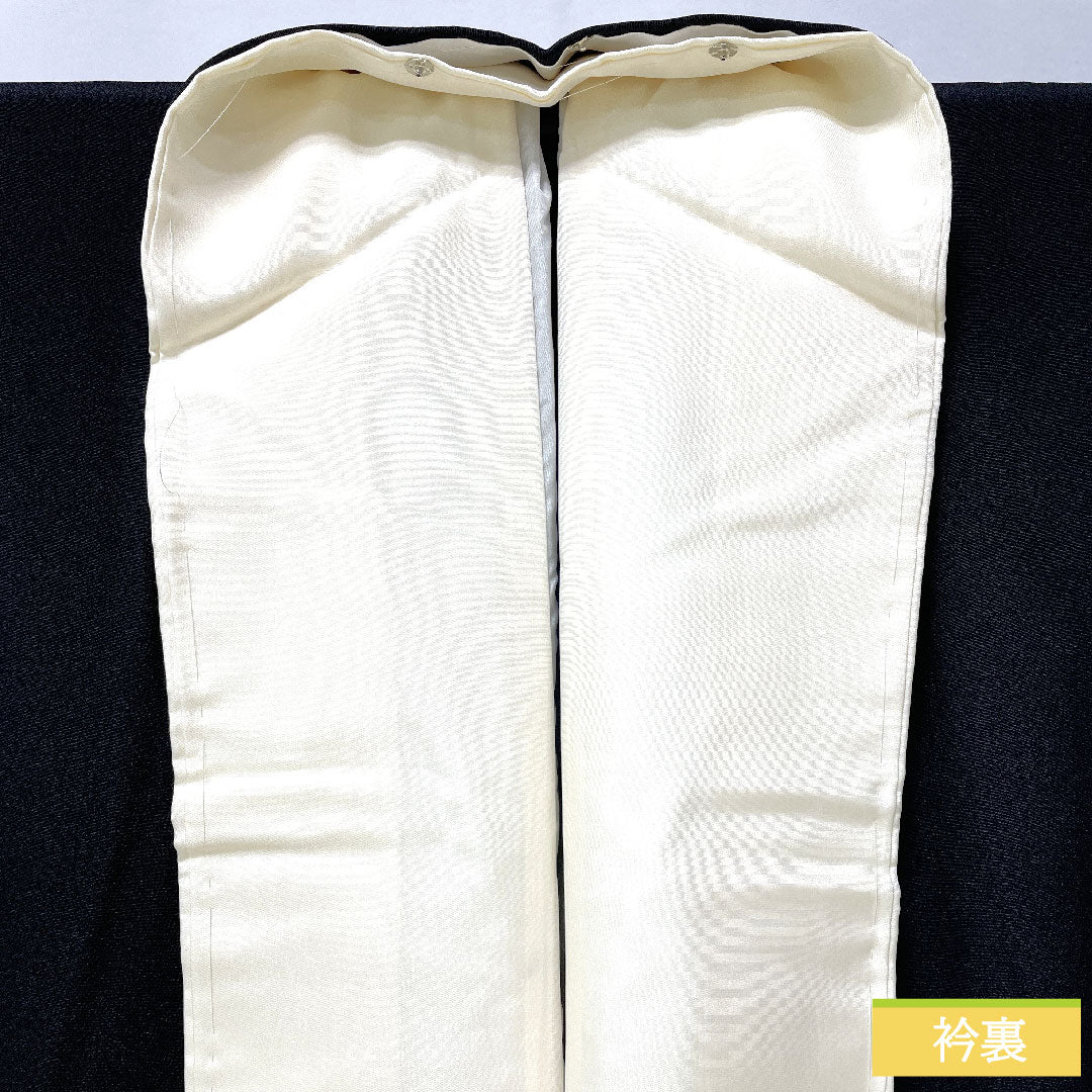 Black formal kimono, pure silk, length 154cm, sleeve length 61.5cm, lined, Kyoto Yuzen, pine, bamboo and plum, folding screen, five crests, circle with ivy, A rank, black, 1111001653210