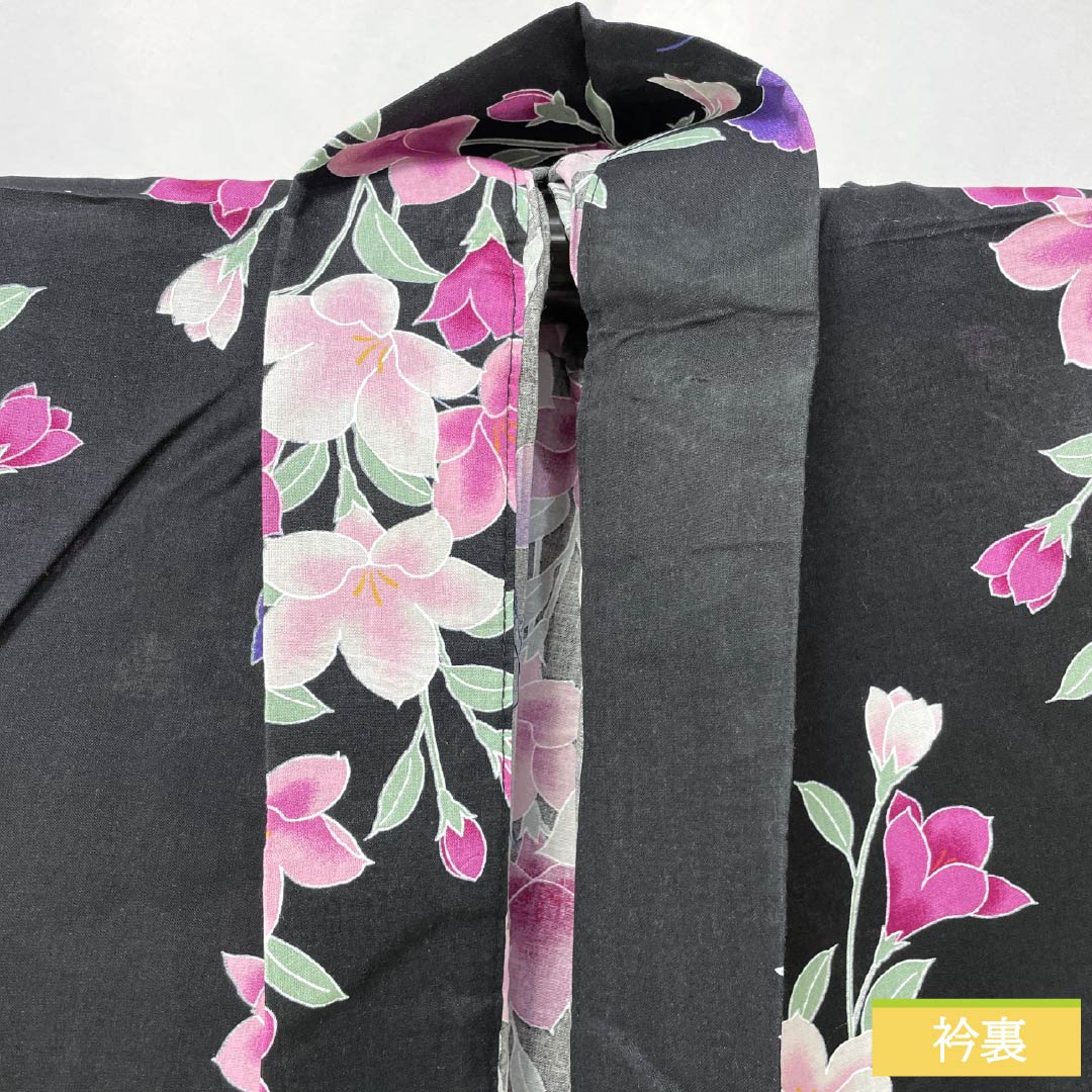 浴衣 木綿 身丈163cm 裄丈64cm Sランク 単衣 黒系 鉄線 蝶 1118006082410