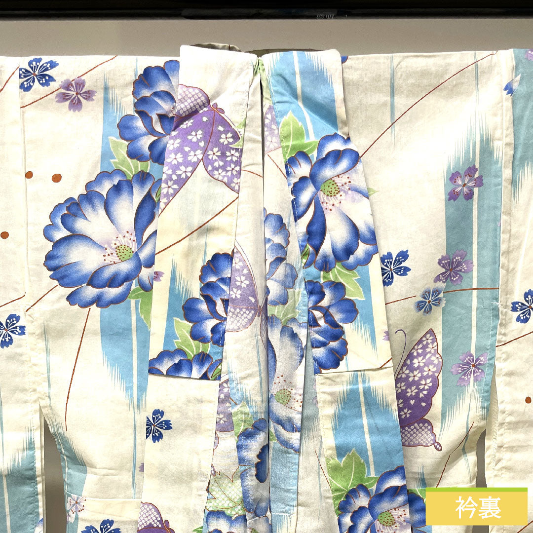 Yukata Cotton Length 165cm Sleeve length 66cm S rank Single layer White Butterfly Peony Pink 1118004692511