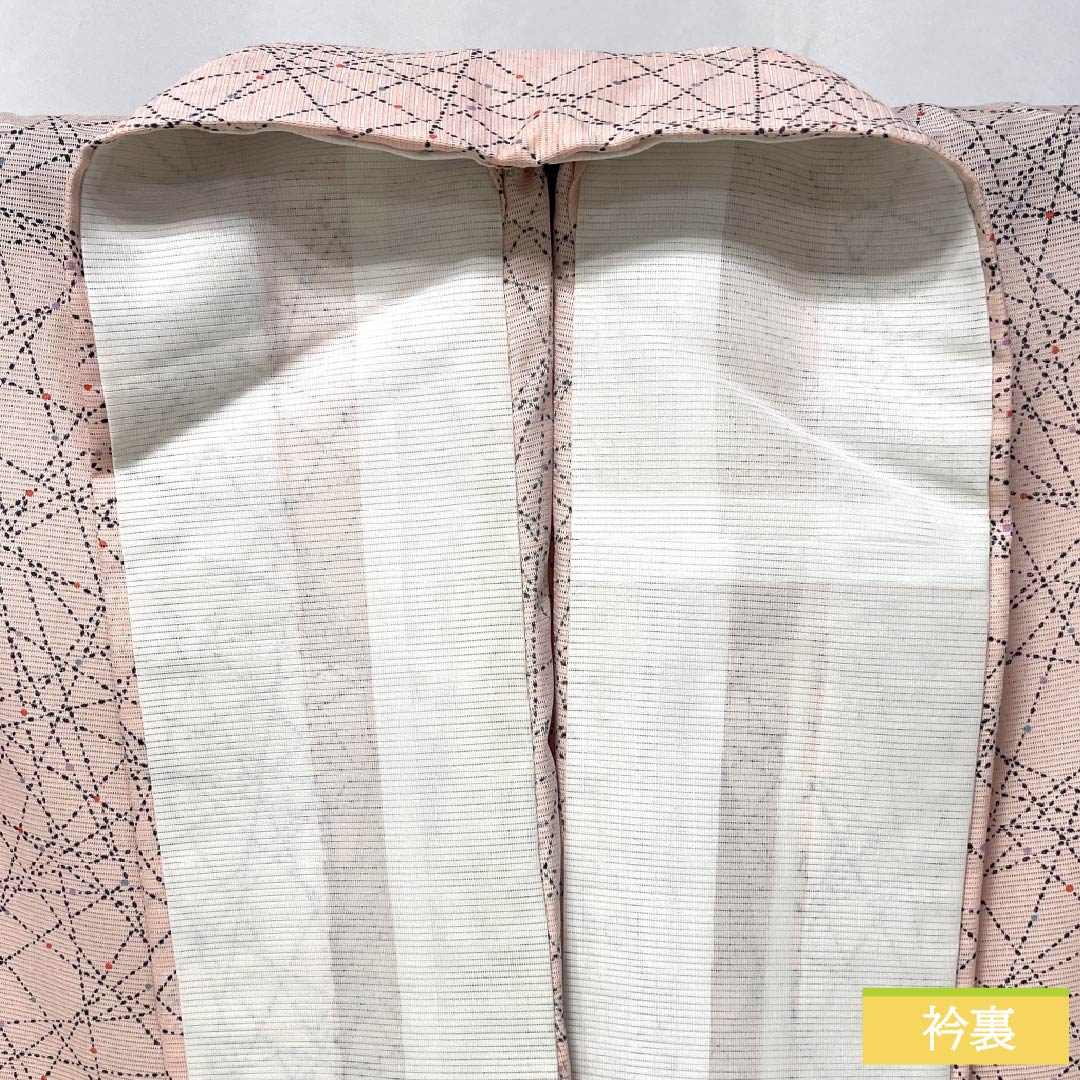 夏物 ポリエステル 小紋 身丈159.5cm 裄丈64cm 曙色（あけぼのいろ） 点 線 洗える着物 絽 Bランク ピンク系 1132002464313