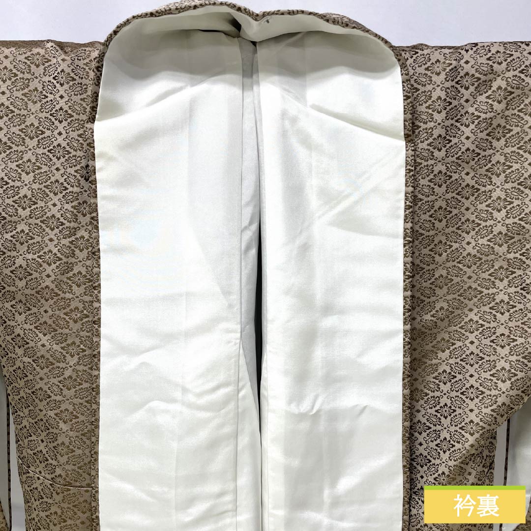 紬 正絹 Sランク 身丈165.5cm 裄丈65.5cm 香色（こういろ） お召 一つ紋 源氏香 袷 ベージュ系 1116004432525