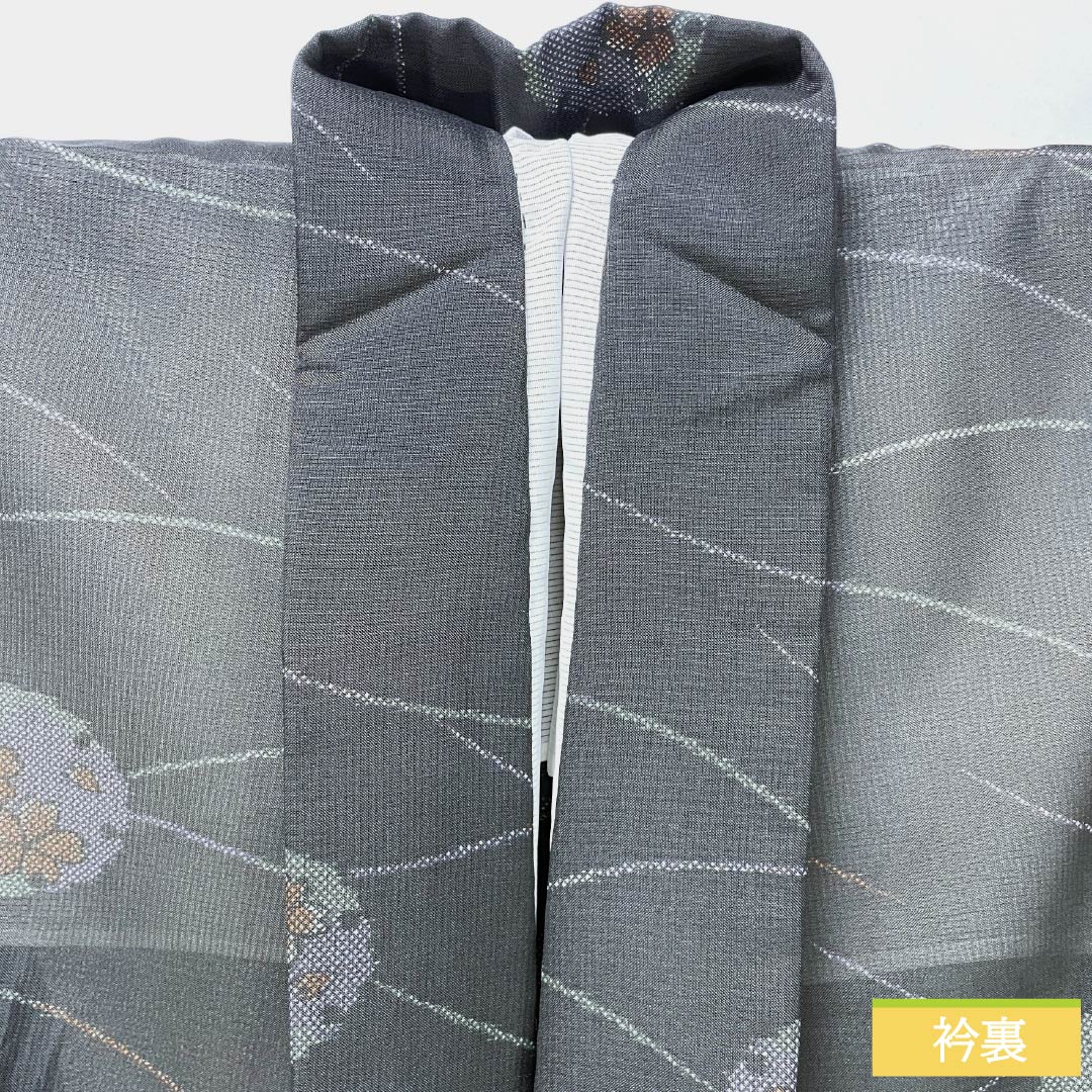 夏物 ポリエステル 小紋 身丈156cm 裄丈65cm 雪輪 露芝 洗える着物 紗 Sランク 黒系 1132001912310