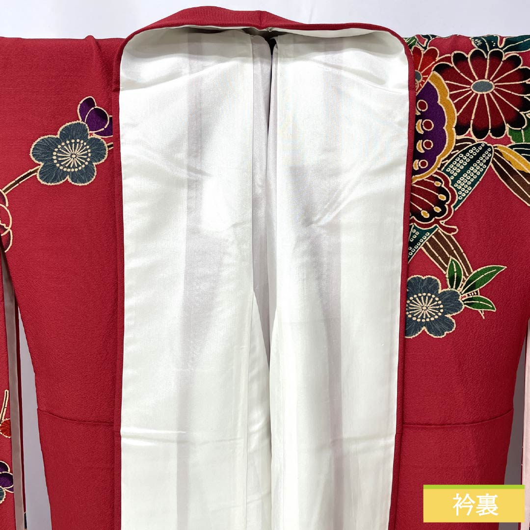 Silk Furisode, Rank A, Length 164cm, Sleeve-to-sleeve 69cm, Lined, Deep Crimson, Kyo-Yuzen, Auspicious Patterns, Red Tones, 1113002963412