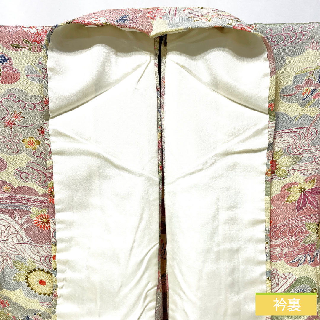 Komon silk, A-rank, length 156cm, sleeve length 58cm, single layer, pale yellow (usukihadairo), Kyoto Bingata, Chaya-Tsuji, cloud pattern, auspicious motif, cream-colored, product number 1115007593315
