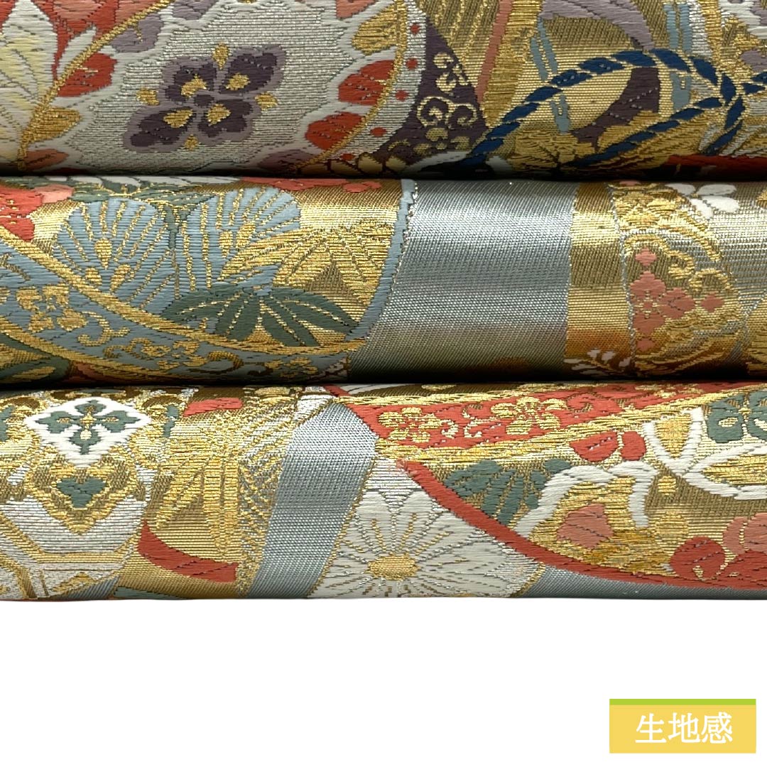 袋帯 正絹 Sランク 空色鼠色（そらいろねずいろ） 西陣織 天祥錦 鞠 熨斗 帯丈444cm 六通 フォーマル 水色系 1123017962324