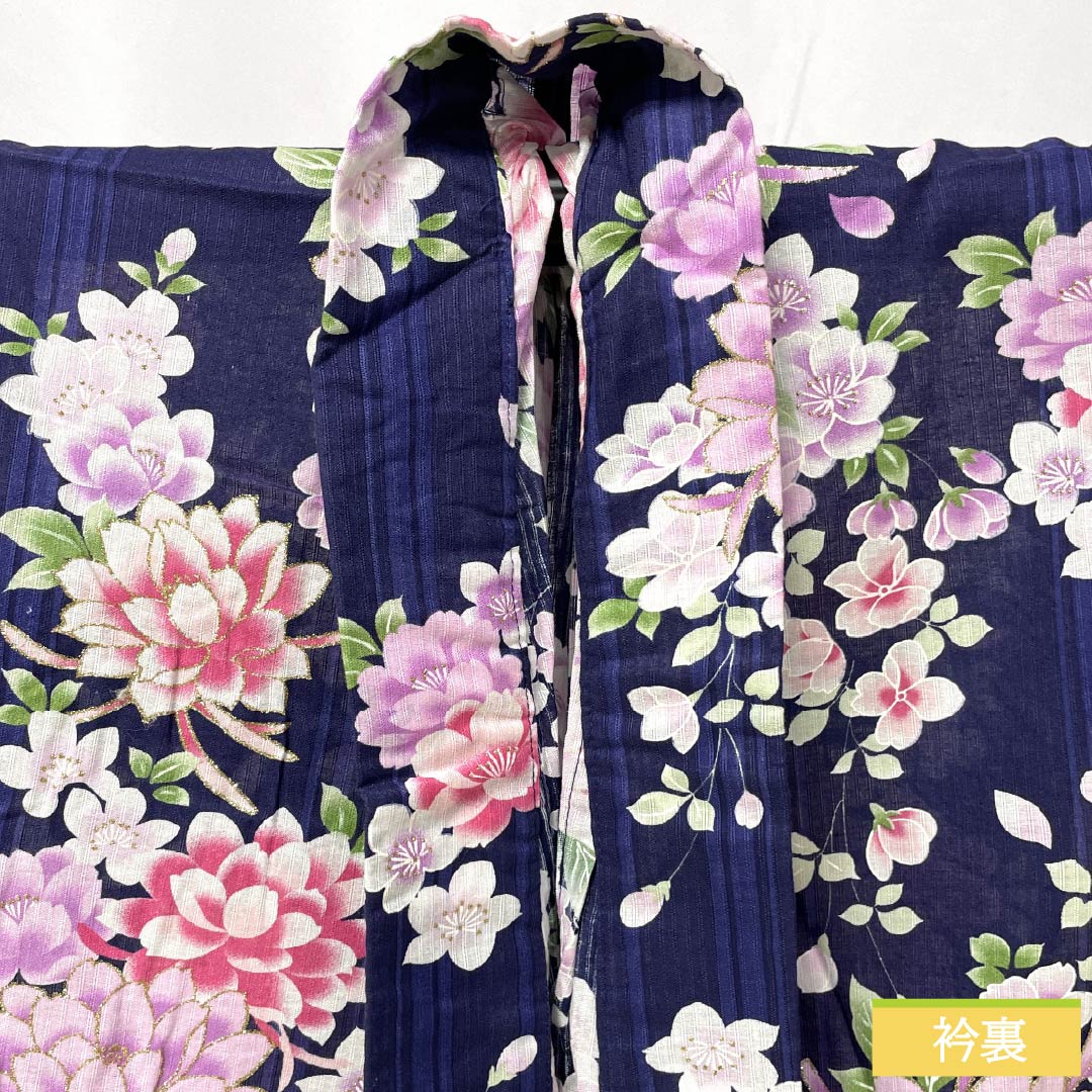 浴衣 木綿 身丈166.5cm 裄丈60cm Sランク 単衣 紺系 緋紺色（ひこんいろ） ダリア ラメ 1118006192518