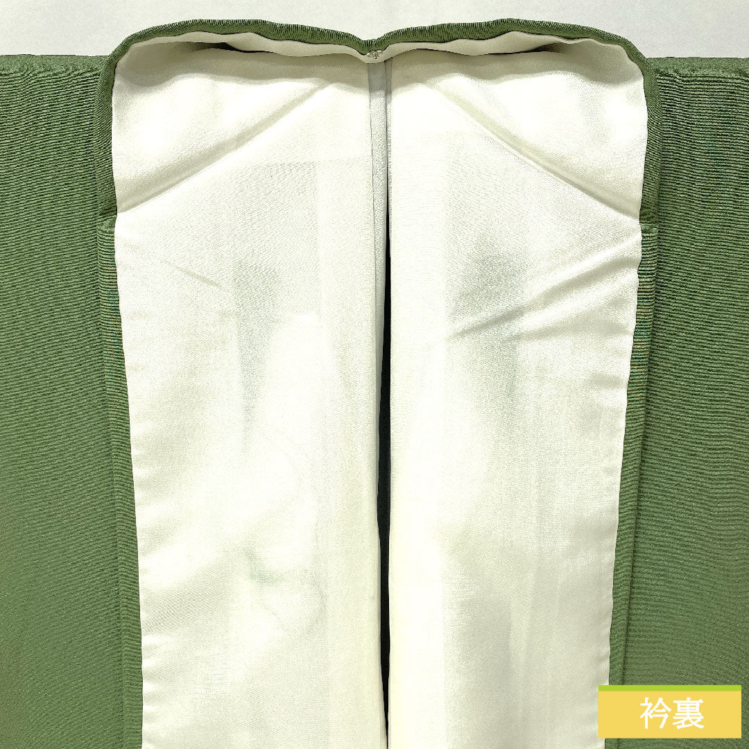 色無地 正絹 身丈150cm 裄丈63cm 仏手柑色（ぶしゅかんいろ） 素無地 一つ紋 隅切り角に片喰 袷 Sランク 緑系 1114001802119
