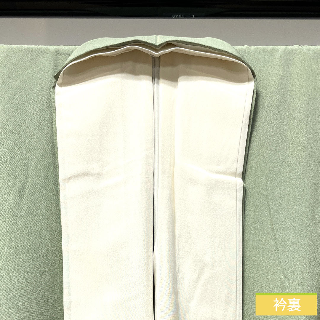 Colored Tomesode, pure silk, length 165cm, sleeve length 64.5cm, lined, ura-hairo (back leaf color), Kyo-Yuzen, Daimyo procession, plum blossom, one crest, with basting thread, unused, S rank, one crest, green, 1111001202519