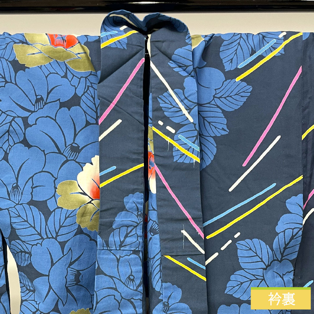 Yukata Cotton Length 161cm Sleeve length 65.5cm S rank Single layer Navy blue Navy iron color Camellia 1118005172418