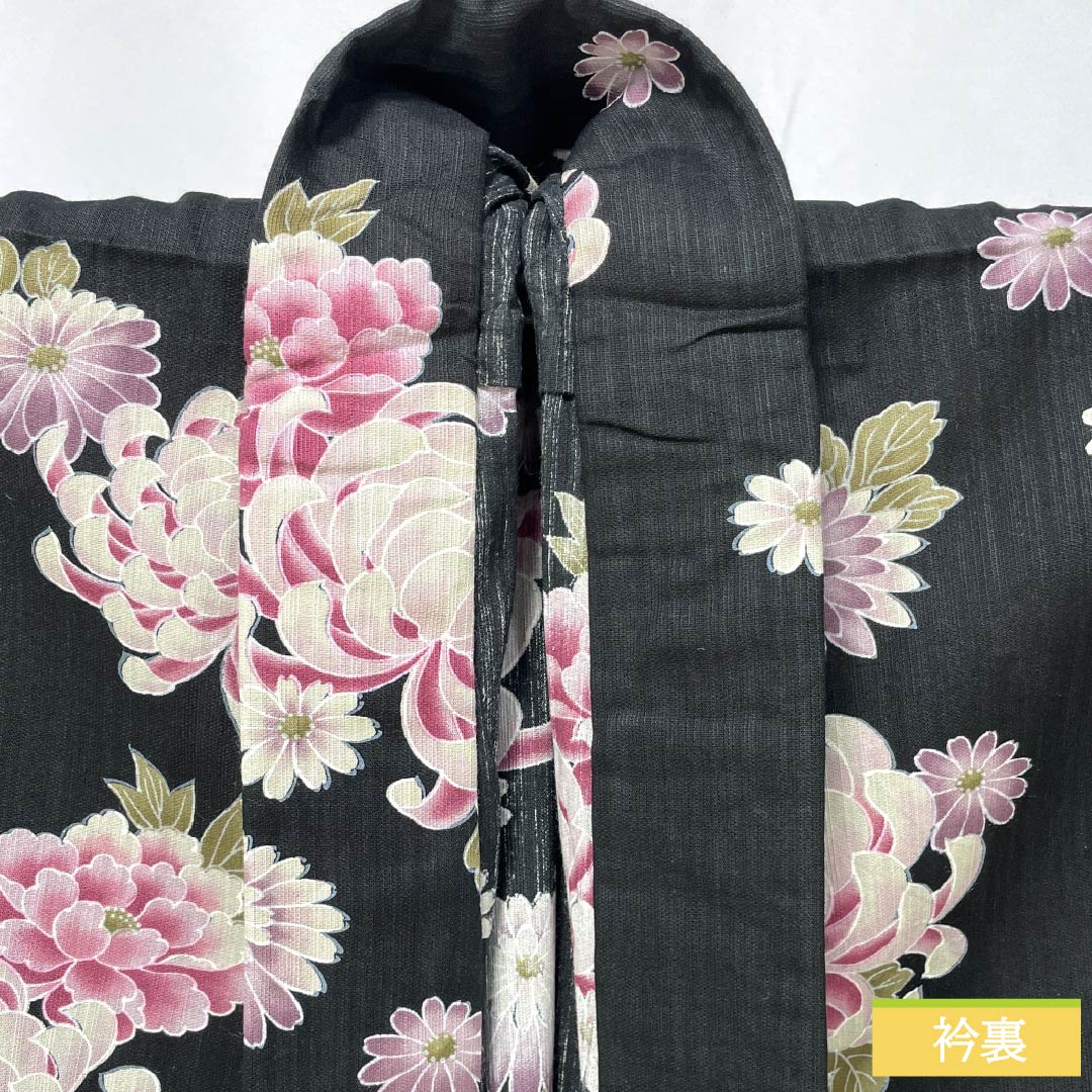 浴衣 木綿 身丈164cm 裄丈69.5cm Sランク 単衣 黒系 菊 1118006282410
